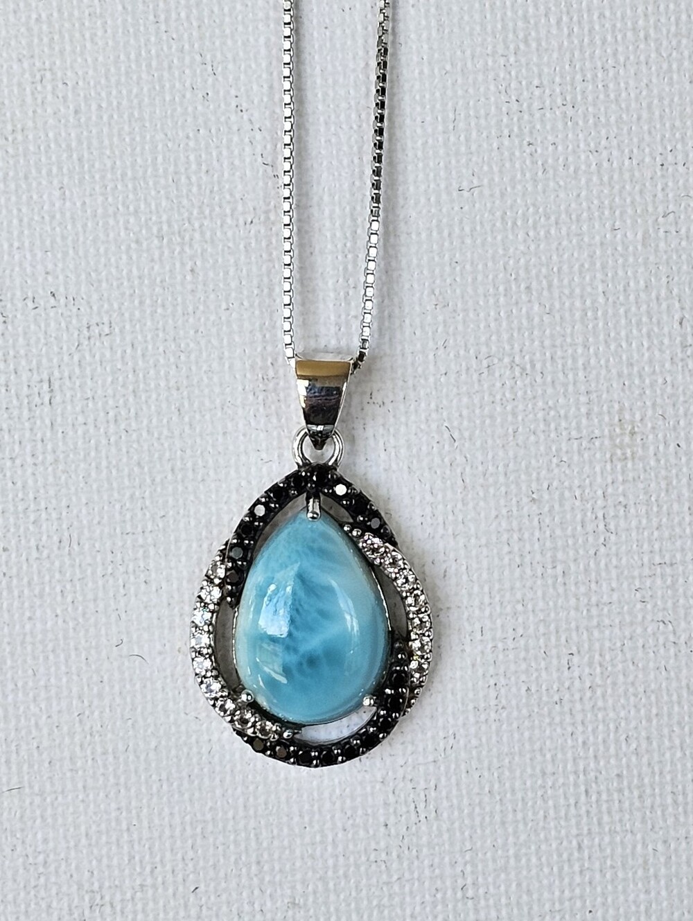 Genuine Larimar Pendant Black Spinel & White Zircon Sterling Silver Chain! - Picture 2 of 7
